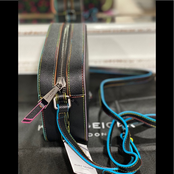 KURT GEIGER LONDON Richmond Black Leather Crossbody Bag with Rainbow Stitching - Picture 5 of 6